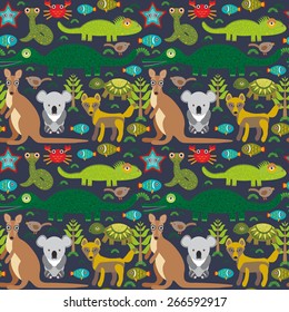 Animals Australia: snake, turtle, crocodile, kangaroo, dingo. Seamless pattern on  dark background. Vector