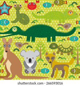 Animals Australia: snake, turtle, crocodile, alliagtor, kangaroo, dingo. Seamless pattern on  green background. Vector