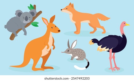 Animales de Australia. Ilustración vectorial en estilo plano sobre fondo azul.