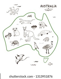 Animals of Australia vector illustrations line hand drawn set