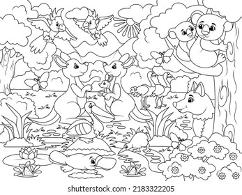 Animals of Australia. Zoo, wild animals set. Coloring book, white background, black lines.