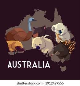 animals australian map wildlife include koala wombat emu hedgehog vector illustration