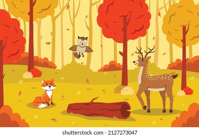 Animals in Autumn Forest Background Vector illustration. landscape illustration exploring autumn forest - greeting card design template