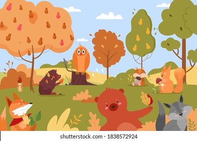 Animals in autumn forest. Cartoon flat funny animalistic characters enjoy autumn time together, cute forest wild nature scenery background