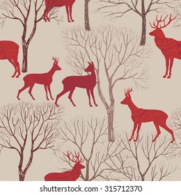 Animals in autumn forest pattern. Fall leaves and trees seamless background. Deer Vintage Christmas elements. Reindeer seamless pattern background. Editable vector texture.