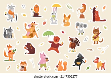 Animals from autumn forest, sticker pack set vector illustration. Cartoon wild flowers, woodland leaves and mushroom, animals and birds in childish scrapbook design collection. Fall season concept