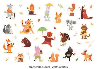 Animals from autumn forest, sticker pack set vector illustration. Cartoon wild flowers, woodland leaves and mushroom, animals and birds in childish scrapbook design collection. Fall season concept