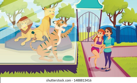 Animals in Aviary. Vector illustration. Excursion to Zoo. Sunny Day. People and Animals in Captivity. Aviary with Tigers and Lions. Snarling Animals. Tiger in Glass Cage and Scared Women in Zoo.