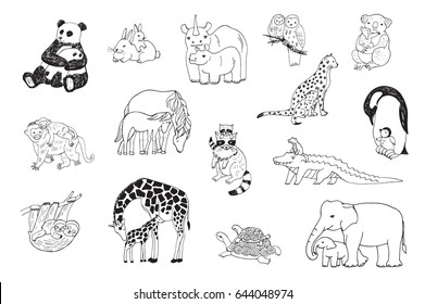 animals with babies vector graphic line illustrations set