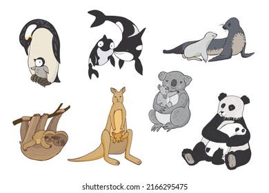 Animals with babies vector illustrations set