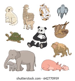 animals with babies vector illustrations set