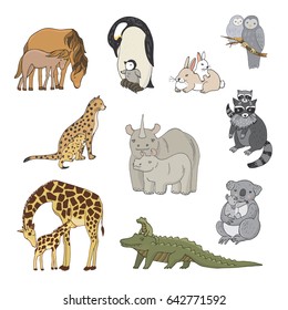 animals with babies vector illustrations set