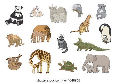 animals with babies vector illustrations set