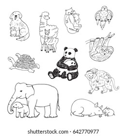 animals with babies vector line graphic illustrations set
