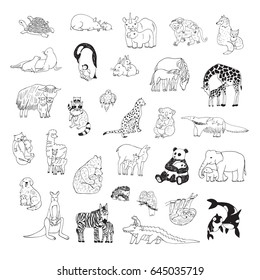 animals with babies vector line graphic illustrations set