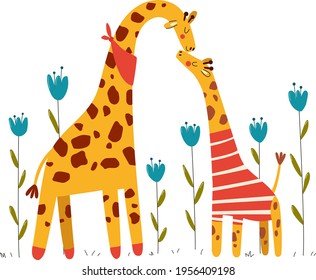 Animals baby, cute giraffes, mom and son, happy family, animal world, wildlife, cartoon vector illustration, isolated on white.