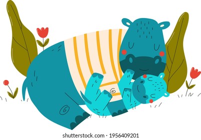 Animals baby, happy mother with little hippo, funny hand-drawn character, cartoon style vector illustration, isolated on white.