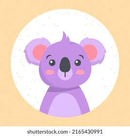Animals for baby Koala. Purple sloth and cute toy for kids. Sticker for social media with animals, poster or banner for website. Fantasy and imagination, fairy tales. Cartoon flat vector illustration