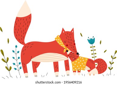 Animals baby, mother fox shows love for babe, happy ginger fox, design cartoon style vector illustration, isolated on white.