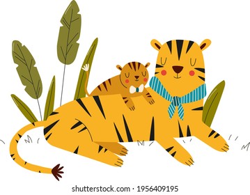 Animals baby, safari, caring mother tiger, tigress shows love for baby, cartoon style vector illustration, isolated on white.