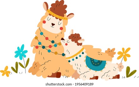 Animals baby, safari, cute alpaca mom, mammal llama in wild, happy animal family, cartoon vector illustration, isolated on white.