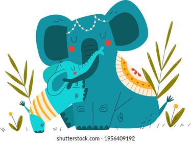 Animals baby, safari, mother elephant shows love for cute baby, design cartoon style vector illustration, isolated on white.