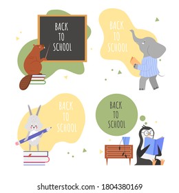 Animals back to school lettering concept vector illustration set. Cartoon flat animalistic cute characters collection with beaver penguin hare elephant learning lessons and schooling isolated on white