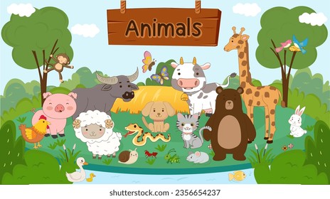 animals background forest chicken pig monkey sheep duck snail buffalo snake ant grasshopper dog cat mouse cow butterfly bear giraffe rabbit bird fish