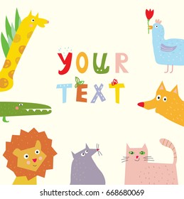 Animals background with funny design for kids, vector graphic illustration