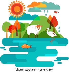 Animals Background - Illustration of nature, sheep, stork and fish