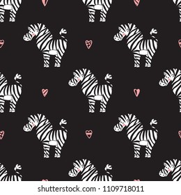 Animals Background for Kids. Vector Seamless Pattern with doodle Cute Zebra and Hearts. Children's wallpaper. 