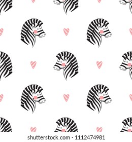 Animals Background for Kids. Vector Seamless Pattern with doodle Cute Zebra and Hearts. Children's wallpaper