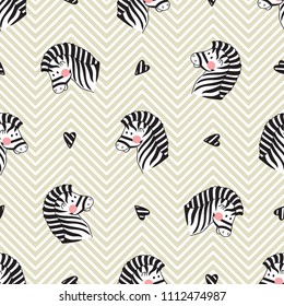 Animals Background for Kids. Vector Seamless Pattern with doodle Cute Zebra and Hearts. Children's wallpaper