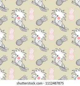 Animals Background for Kids. Vector Seamless Pattern with doodle Cockatoo Parrot and Pineapple. Tropical Pattern with Birds and Fruits Children's Wallpaper.