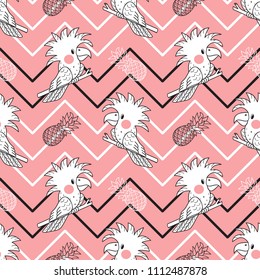 Animals Background for Kids. Vector Seamless Pattern with doodle Cockatoo Parrot and Pineapple. Tropical Pattern with Birds and Fruits Children's Wallpaper.