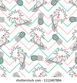 Animals Background for Kids. Vector Seamless Pattern with doodle Cockatoo Parrot and Pineapple. Tropical Pattern with Birds and Fruits Children's Wallpaper.