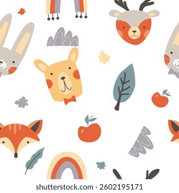 Children’s animals background. Seamless white pattern with forest animals Bear Fox Bunny Deer. Vector illustration.	
