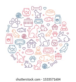 Animals background - thin line icons in a circle representing animals, pets and veterinary and healthcare topics.