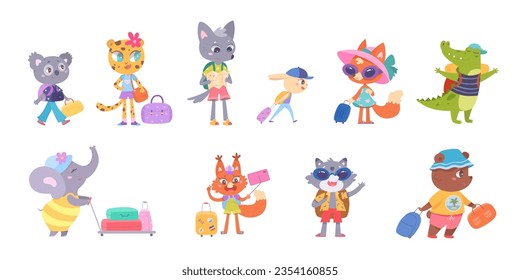 Animals with baggage travel set vector illustration. Cartoon isolated funny characters with luggage collection, happy bear koala cat wolf rabbit fox crocodile raccoon elephant with bags and suitcases