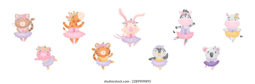 Animals Ballet Dancer in Tutu Skirt and Pointe Shoes Vector Set