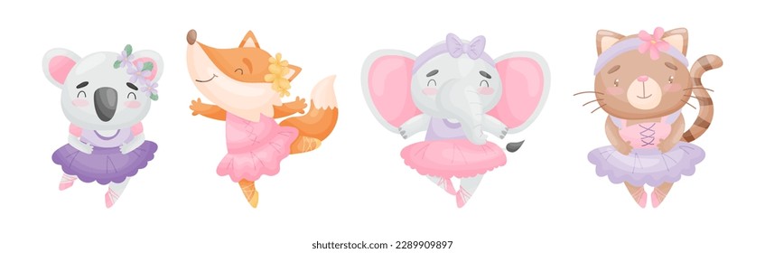 Animals Ballet Dancer in Tutu Skirt and Pointe Shoes Vector Set