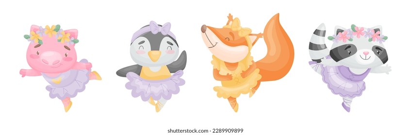 Animals Ballet Dancer in Tutu Skirt and Pointe Shoes Vector Set