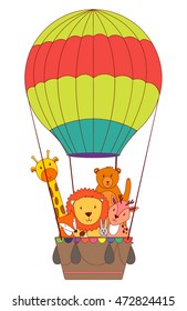 animals in a balloon , fox , giraffe, lion , bear, rabbit, snail , flight, vector illustration