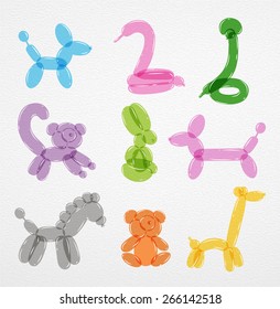 Animals from balloons colored dog, swan, dachshund, giraffe, lemur, rabbit, bear, horse, snake 