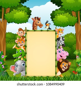 Animals with bamboo blank sign in jungle