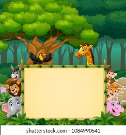 Animals with bamboo blank sign in jungle
