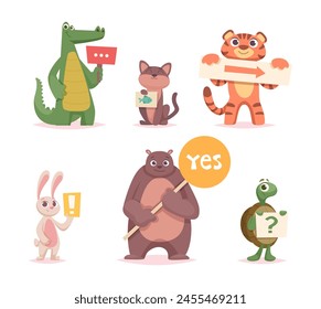 Animals with banners. Cartoon funny animals holding info placard and direction arrows exact vector illustrations set