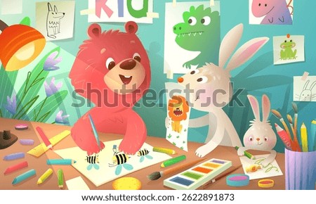 Animals Bear and Bunny Creative Arts and Crafts Activities in Classroom or at Home. Kids animals drawing and coloring together at a crafting table. Vector colorful kindergarten cartoon illustration