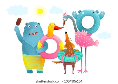 Animals Bear Flamingo Dog Summer Inflatables Beach Vacation. Funny animals with swimming donuts for summer holiday.