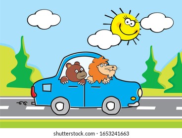 Animals, bear and lion drive blue car, at background is trees and sky with sun and clouds.